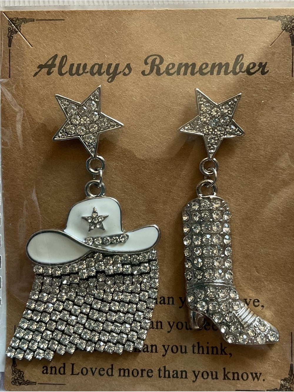 Silver Rhinestone Cowboy Hat & Boot Dangle Earrings 2 1/2”